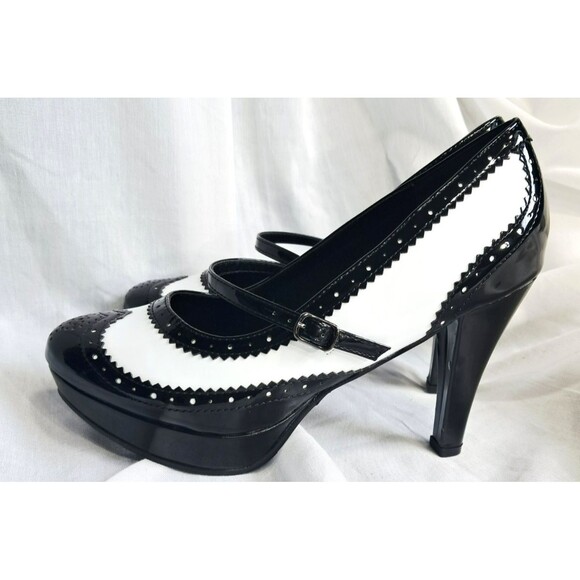 Ellie Women Size 8 Oxford Mary Jane Black/White Patent Leather Platform Shoes - Picture 4 of 9